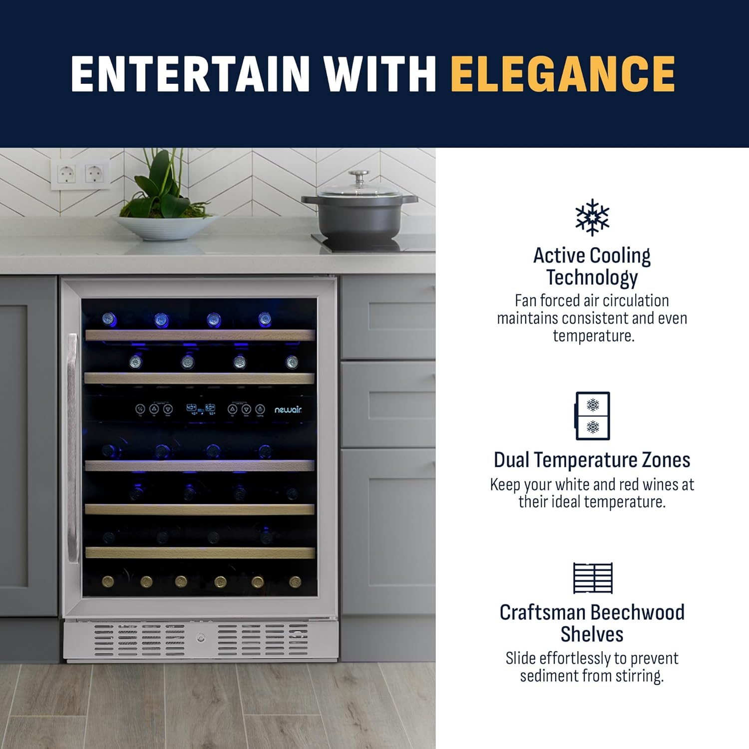 Restored Newair 24 inch 46 Bottle Wine Cooler Refrigerator, Built-in Dual Zone Wine Fridge in Stainless Steel (Refurbished)