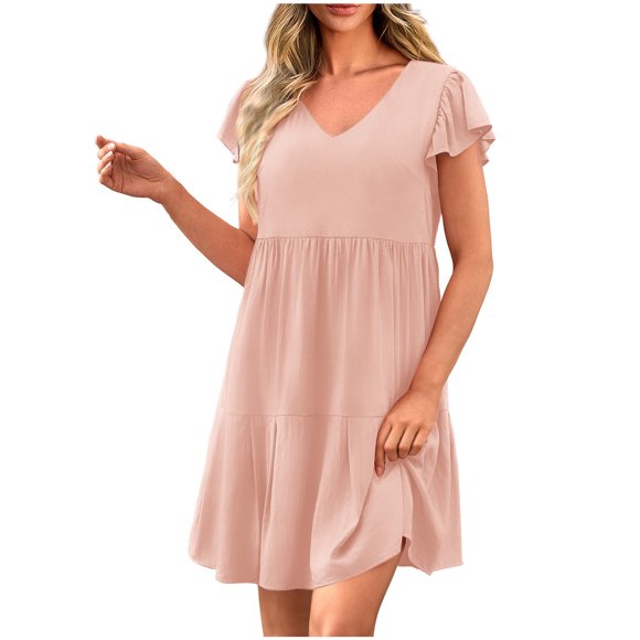 Pisexur Womens Dresses Cotton Linen Dress V Neck Solid Color Midi Dress Short Sleeve Tiered Flowy Sundress Summer Casual Loose Beach Dress Knee-Length Vacation A Line Mini Dress