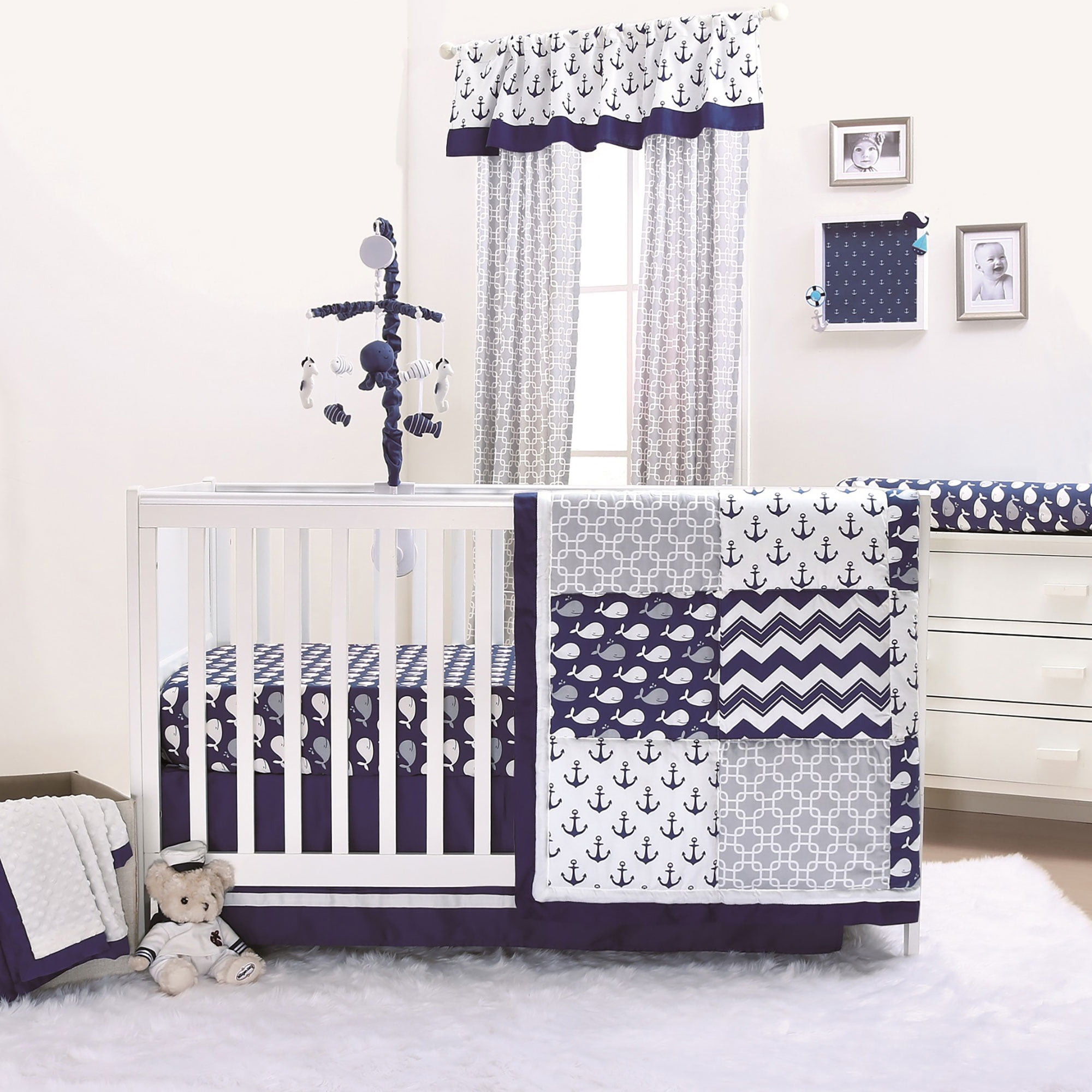 Anchor Nautical Theme 3 Piece Baby Crib Bedding Set in Pink/Navy by The Peanut Shell 