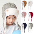 thumbnail image 2 of Boys Girls Hat Solid Color Plush Lining Autumn Winter Ropes Twist Pattern Ear Flap Cap for Daily Wear, 2 of 10