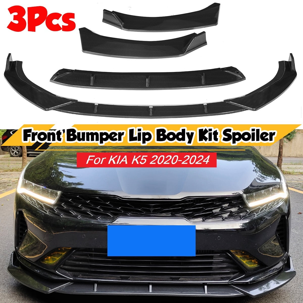 3PCS Set Front Bumper Lip For For KIA K5 GT, GT-Line, EX, LX All Models 2020-2024 Bumper Front Spoiler Air Dam Chin Front Splitter Lip Lower Protector Carbon Fiber Style
