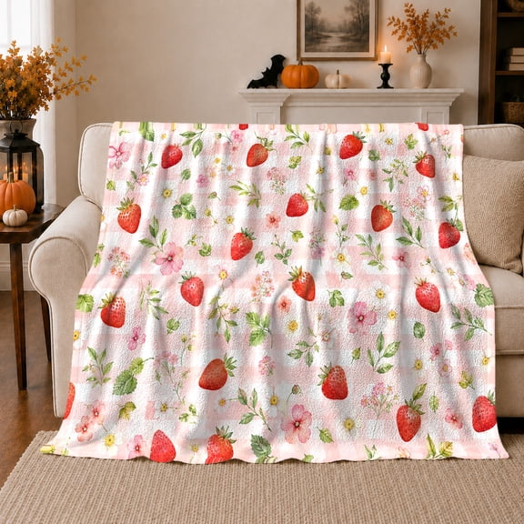 Strawberry Botanical Watercolor Wildflowers, Cozy Friendship Quote Scene, Warm Flannel Blanket for Living Room and Reading Nook, Art Lovers Thanksgiving Gift, Artistic Home Decor