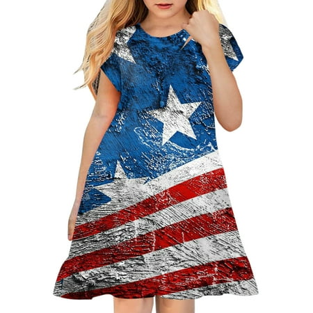 

Independence Day Dress Spring Wedding Birthday Pageant Casual Dresses Children Toddler 4th Of July 3D Graphic Printed Girls Dress Short Sleeve Kids Casual Soft Party Princess Dress