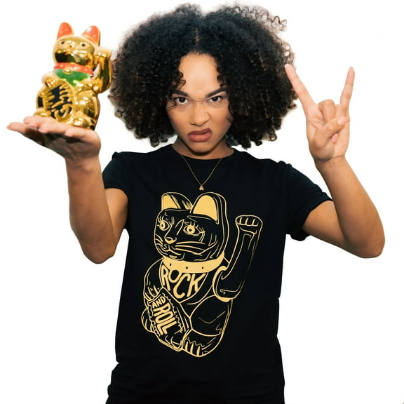 db deadbeat Lucky Cat Rock and Roll Motif Screen Print Eco-Friendly T-Shirt, Men's & Unisex