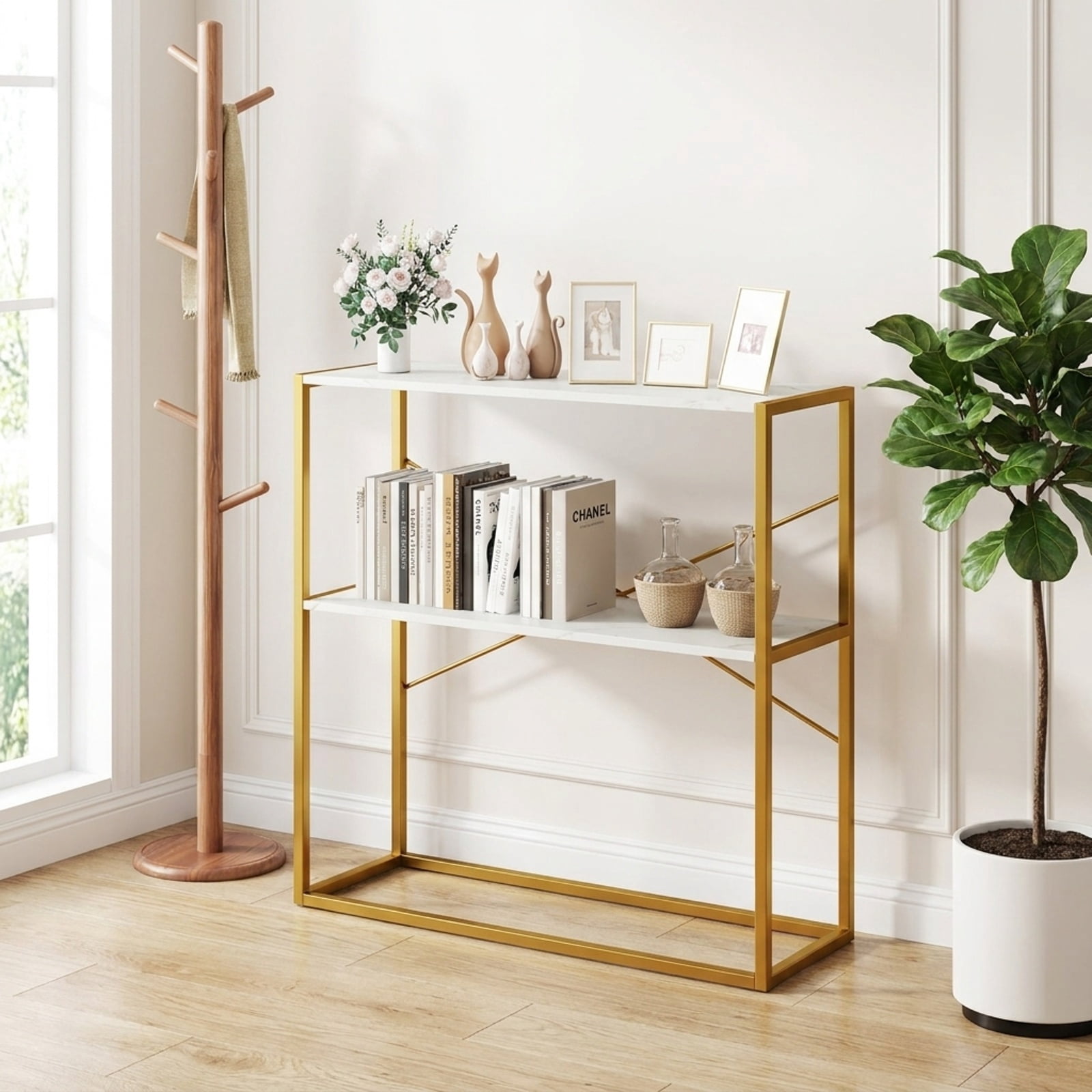 Furnibear 36 Inch 2-Tier Entryway Table with Wooden Open Shelves and X-Shaped Metal Frame for Narrow Hallway Living Room and Behind Sofa, White