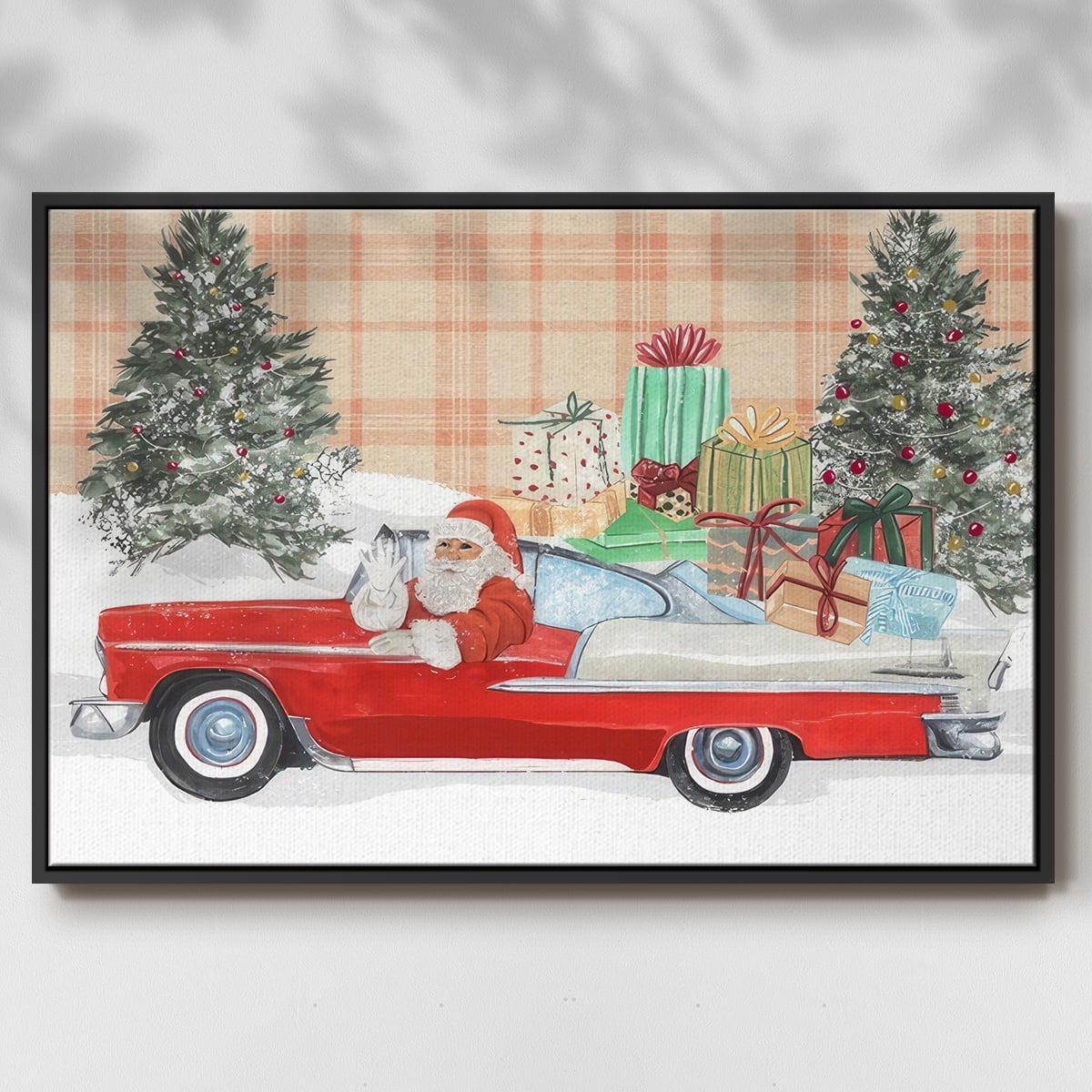 Santa on Wheels Collection A - Framed Gallery Wrapped Holiday Canvas - 17 x 25 - Black Frame