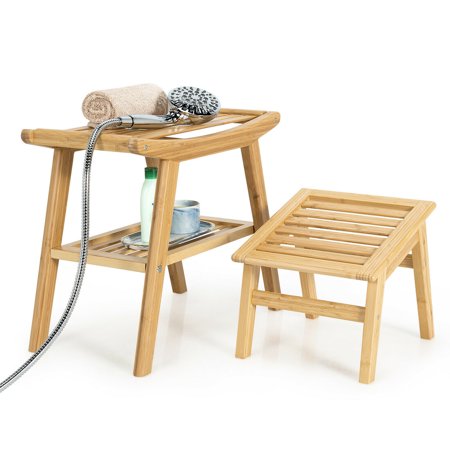 Bamboo Shower Seat Bench with Underneath Storage Shelf - Spa Bath Seat with Foot Stool