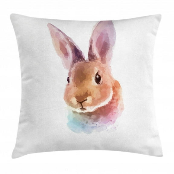Bunny Throw Pillow Cushion Cover, Watercolor Illustration of a Rabbit Head Baby Animal Wildlife Themed Artwork, Decorative Square Accent Pillow Case, 24" X 24", Pale Brown Lilac, by Ambesonne