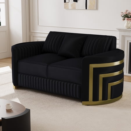 Wiilayok 65" Luxury Velvet Chesterfield Loveseat, Mid Century Modern 2 Seat with Thick Backrest, Gold Stainless Steel Trim, Crescent Moon Armrest, Black and Gold for Living Room