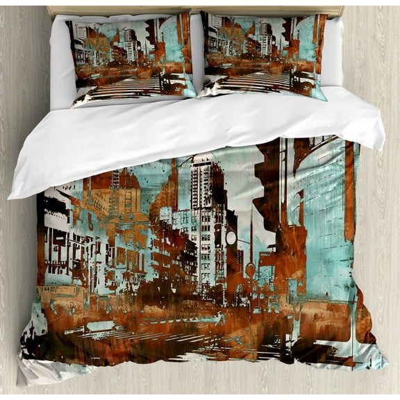 Ambesonne Grunge Duvet Cover Set, Urban Abstract Cityscape, King, Seafoam Brown White