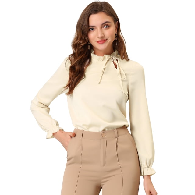 Blusa de Trabajo Allegra K manga larga cuello Alto volantes Elegantes para Mujer Albaricoque S