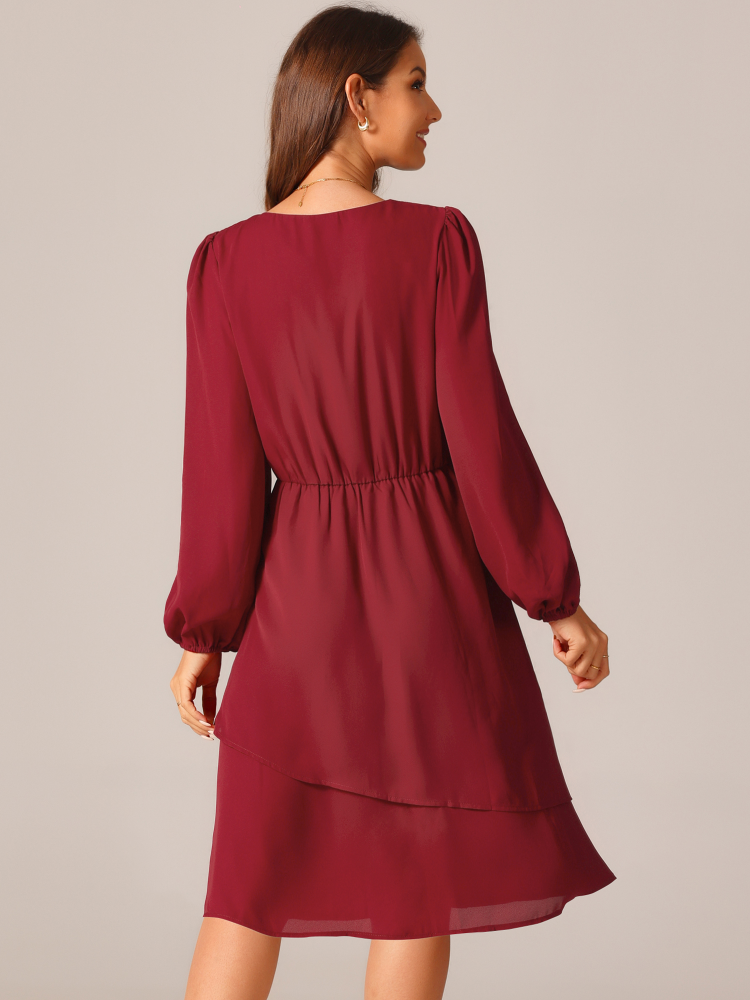 DARING DIVA Long Sleeve V Neck Dress High Waist Layered Dress L Wine Red
