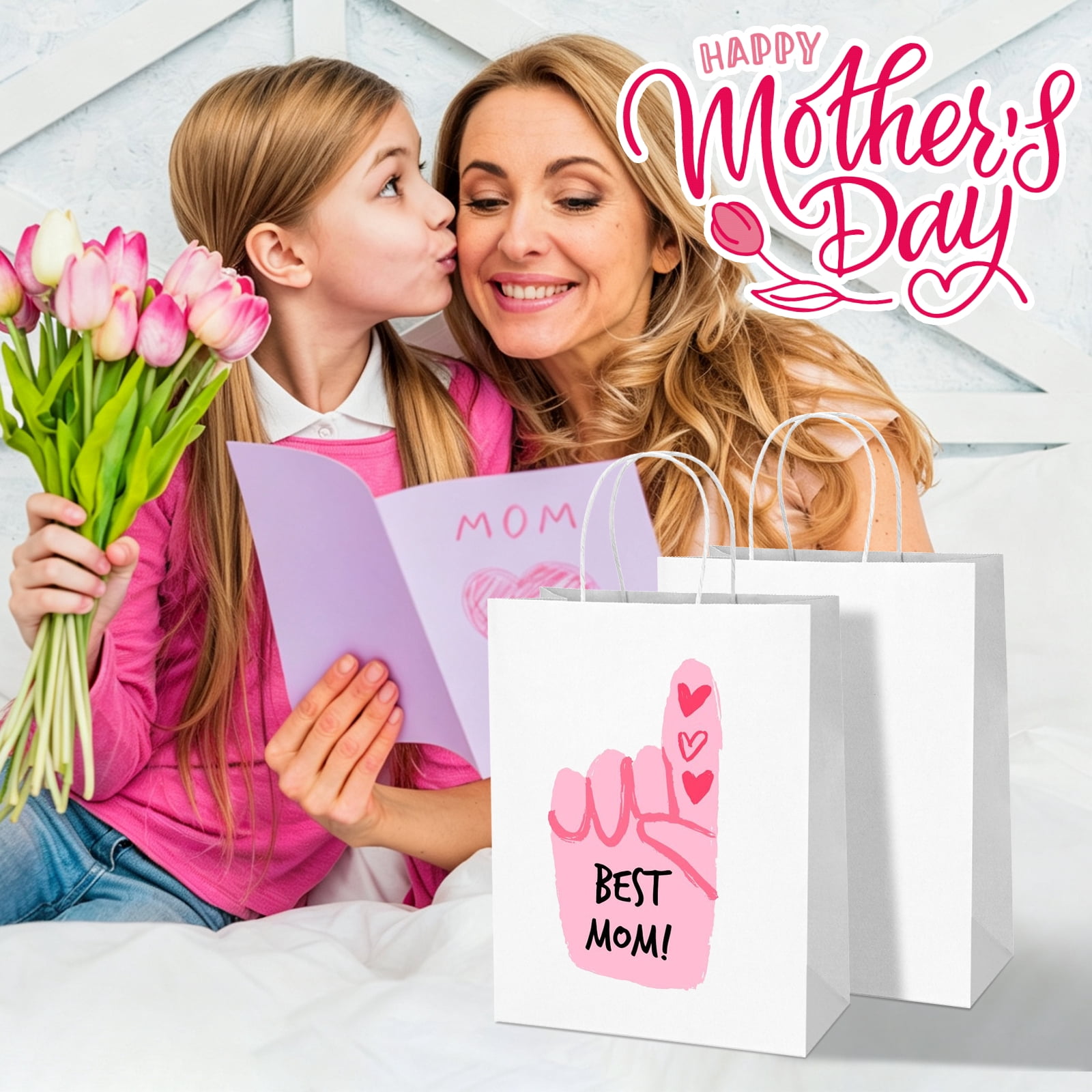 BagDream 100Pcs Paper Gift Bags 8x4.25x10.5 White Kraft Paper Bags with Handles Shopping Bags Bulk Medium Size for Wedding, Mother's Day, Baby Show and Birthday