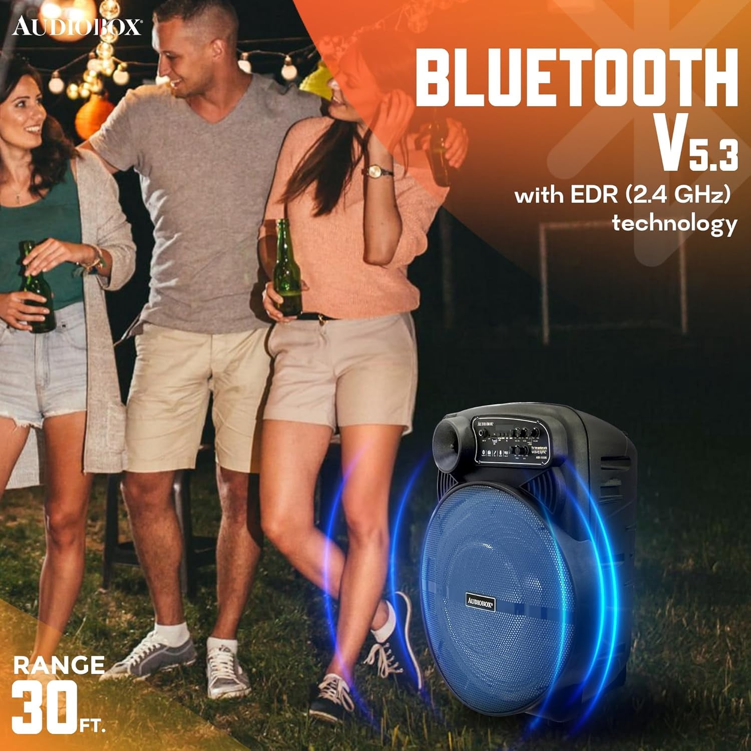 Audiobox ABX-1550S 15" Portable Party Bluetooth Speaker with LED Lights, Stand, Wireless Mic, and Rechargeable Battery – Ideal for Outdoor Events, Karaoke, and House Parties