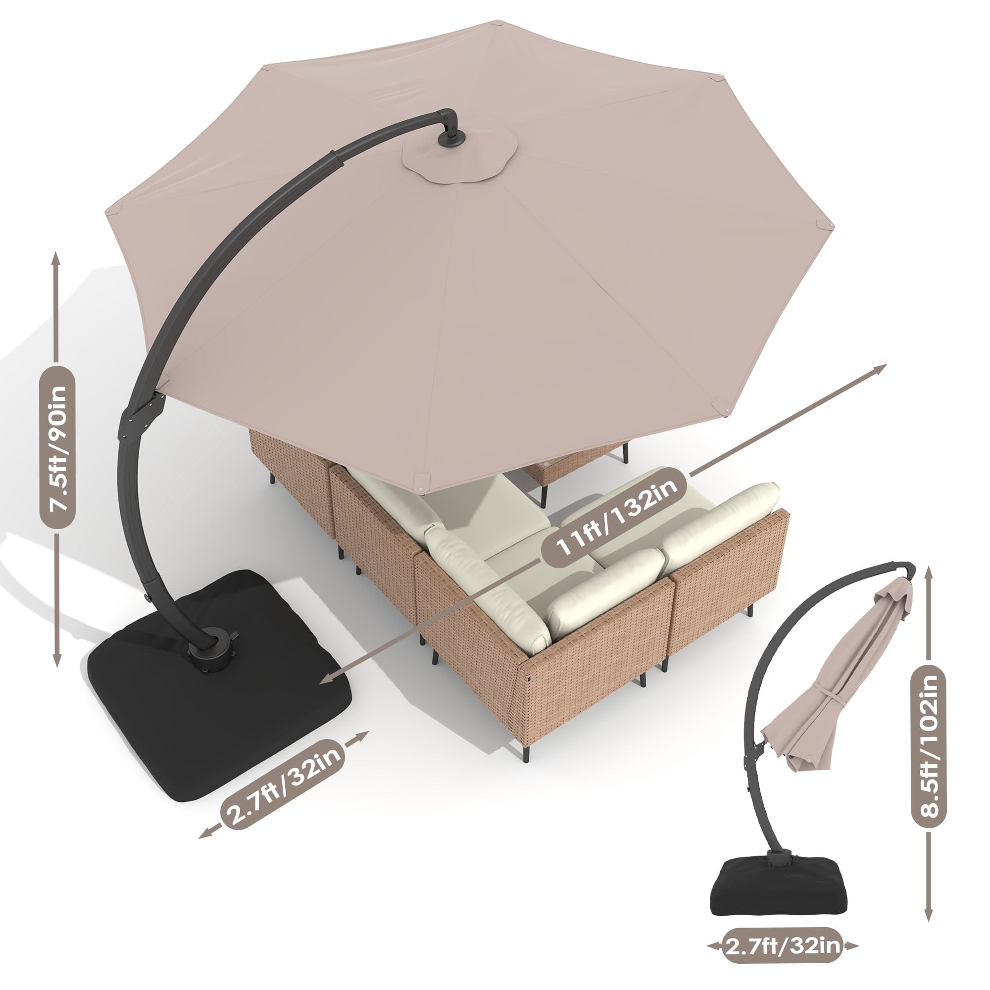 LAZZO 11ft Outdoor Patio Umbrella with Base and Lights, Aluminum Offset Cantilever Umbrella for Pool Deck, Champagne