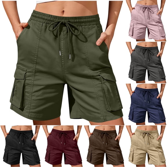 Zylanna Women's Cargo Shorts with Multi-Pockets & Drawstring, Elastic Waist Breathable Stretchy Casual Twill Bermuda Shorts for Outdoor Army Green