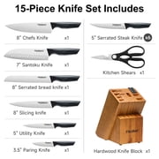 Knife Set with Block and Sharpener, High Carbon Stainless Steel Chef Knife block Set for Kitchen(15 PCS Pro Black)