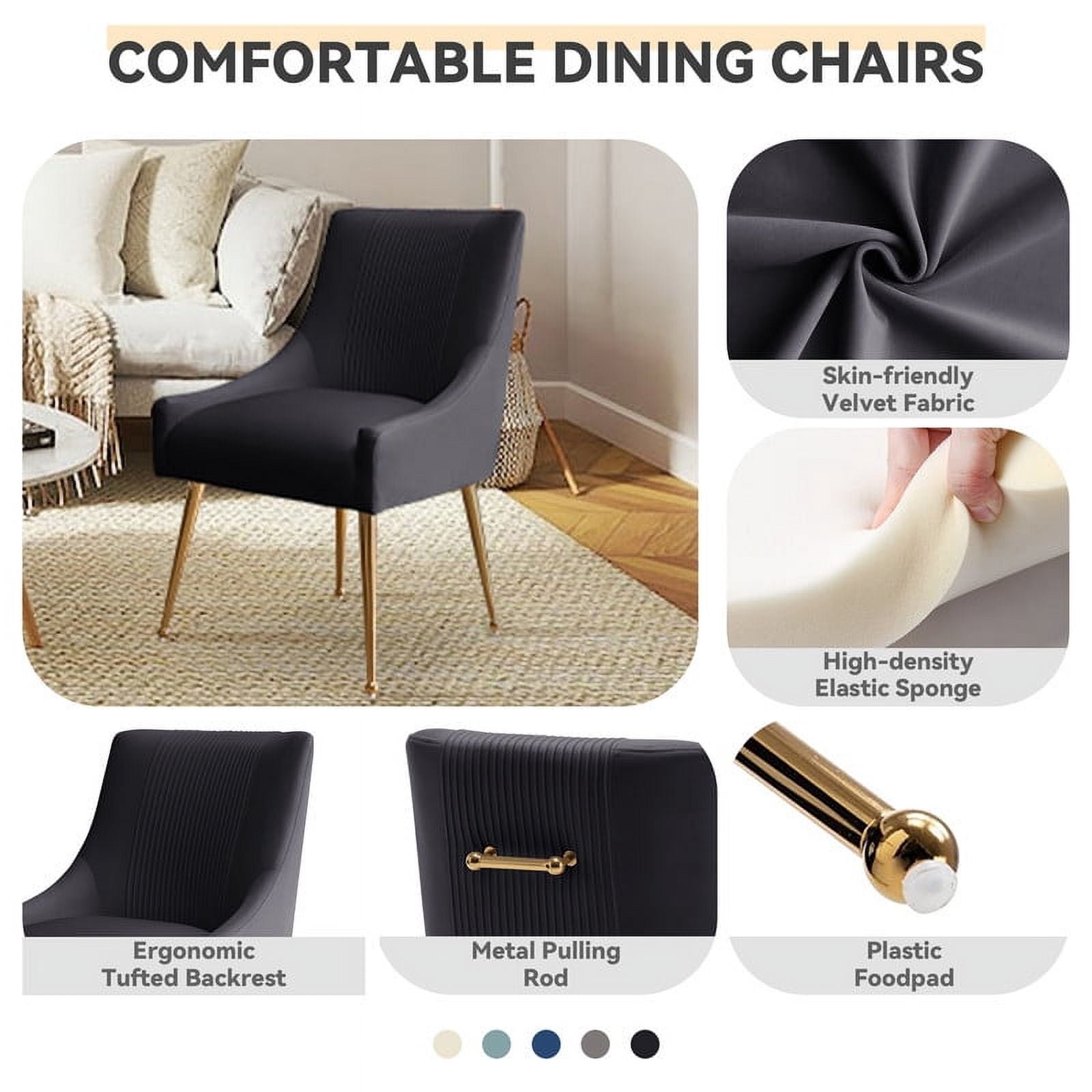 SEYNAR Modern Velvet Dining Chairs Pleated Vanity Chair Set of 4 with Glod Legs for Living Room,Black