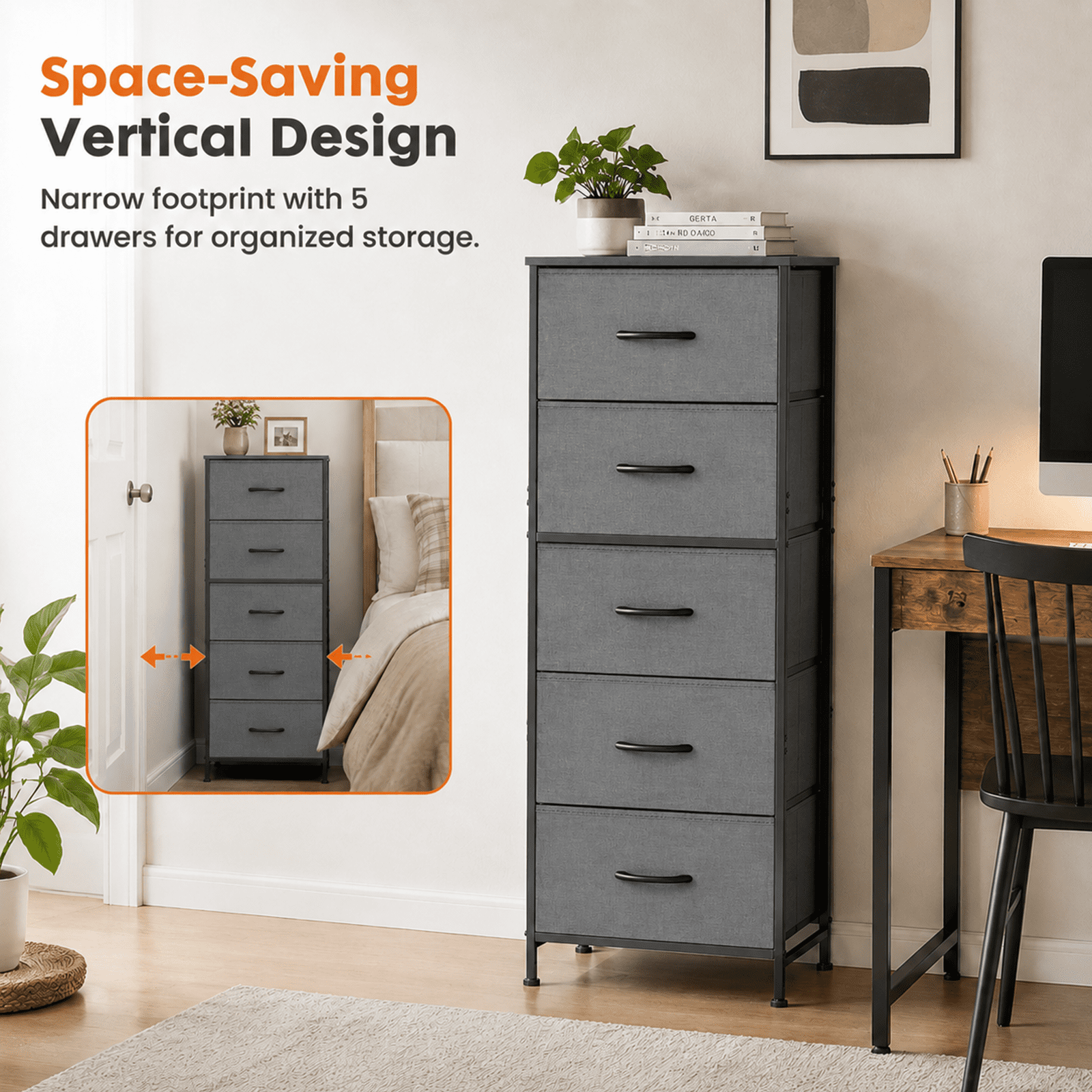 Alvantor Tall Dresser for Bedroom with 5 Drawers, Vertical End Table and Nightstand for Bedroom, Storage Organizer Chest of Drawers with Removable Fabric Bins