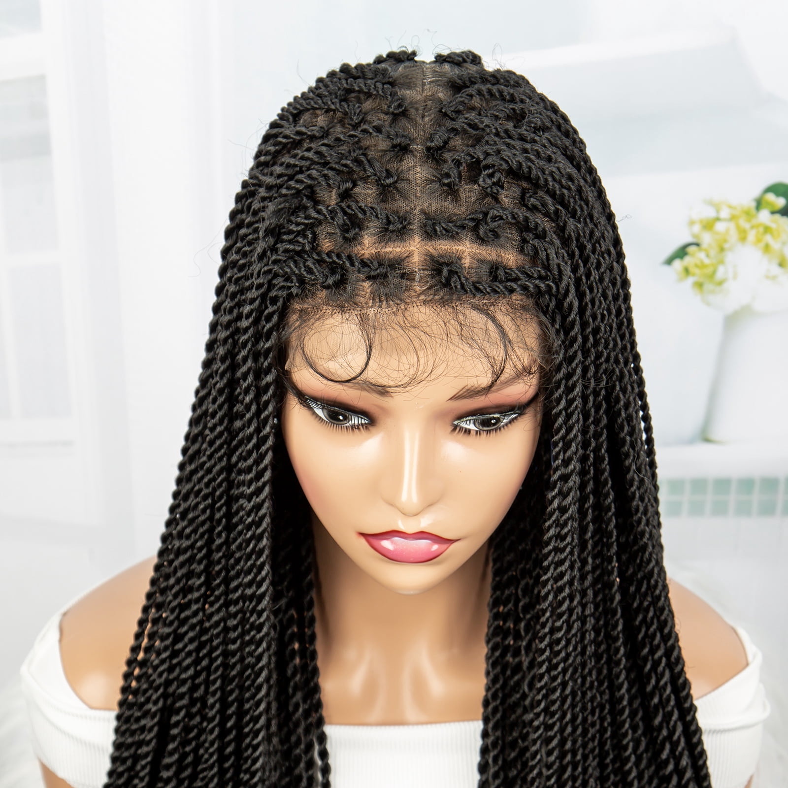 Super Long 40 Inches Twist Braided Wigs Synthetic Full Lace Frontal Wig Knotless Braiding Wigs Pre Plucked with Baby Hair for Black Women Black Color