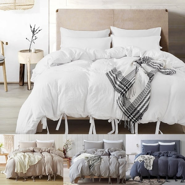 Natural Soild Color Washed Cotton Duvet Cover Set Bedspread Fitted