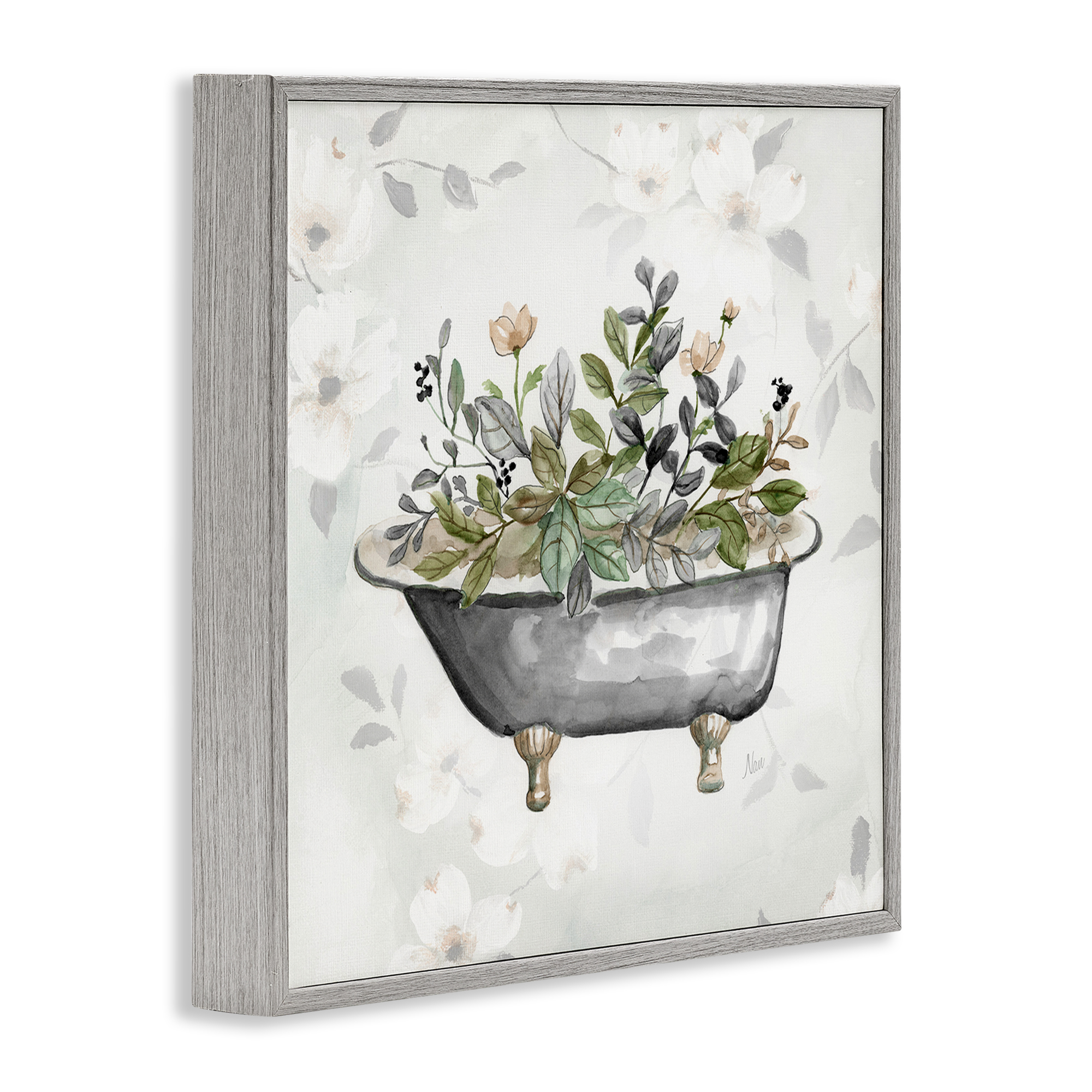 Stupell Industries Leaf Patterned Tub Typography Painting Gray Framed Art Print Wall Art, 12 x 12