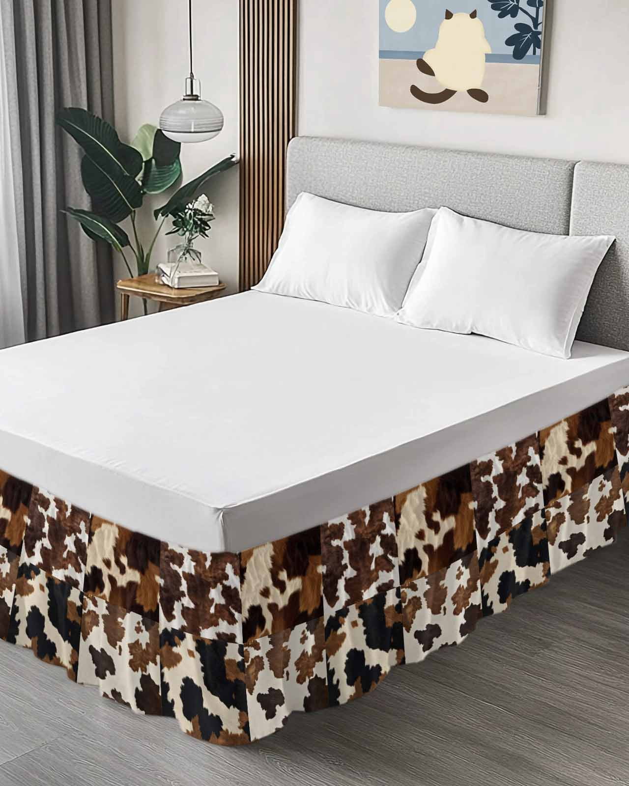 Cow Patterned Wrap Around Bed Skirts for King Bed 16" Drop,Bed Skirt with Adjustable Elastic Belt Dust Ruffle Bed Valance for Bedroom Hotel Vintage Farmhouse Abstract Country Western Bed Frame Cover