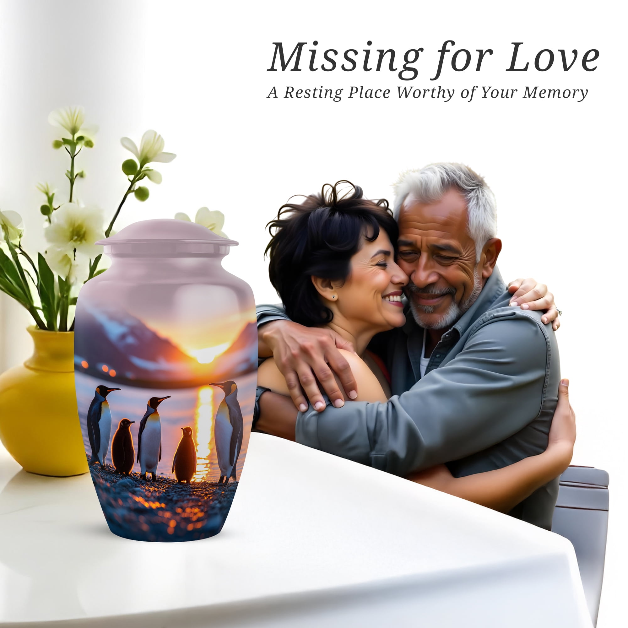 Penguins Funeral Urn For Human Ashes Adult Female, 1 Large & 4 Keepsake Small Cremation Urns For Human Ashes, Blue Urns For Adult Man And Women, Mini Urn For Mother And Father, 10&3 Inch