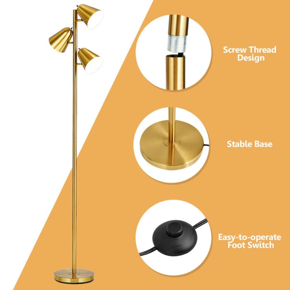 Topcobe 64" 3-Light LED Floor Lamp Reading Light for Living Room Bedroom, Standing Lamps for Bedroom Office Kid Room-Golden