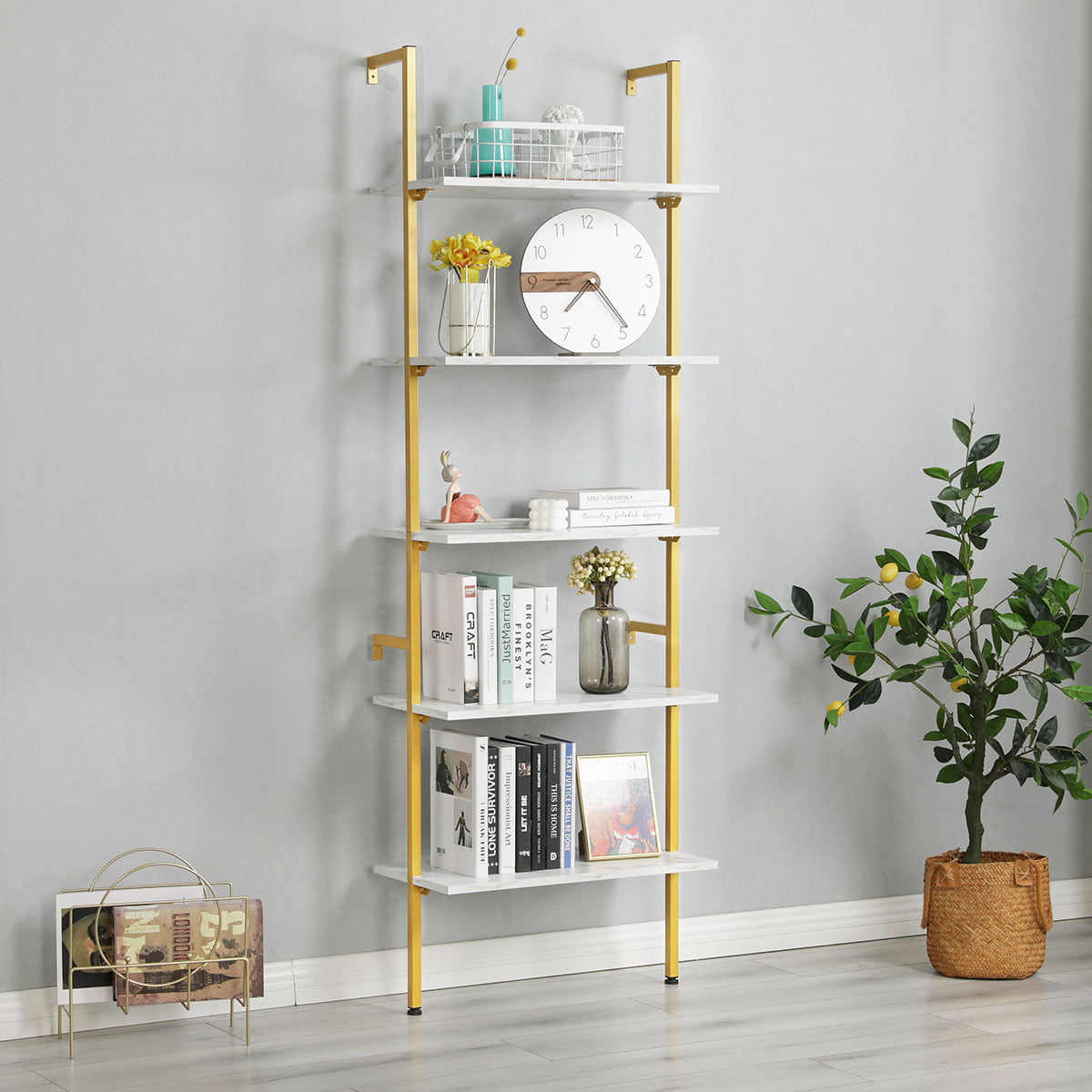 Mellcom 5-Shelf Ladder Bookcase with Metal Frame,Wall Mounted Bookshelf ...