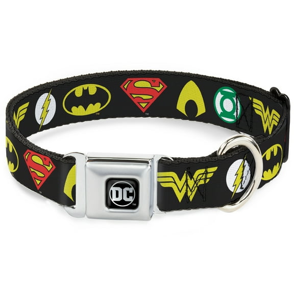 DC Comics Pet Collar, Dog Collar Metal Seatbelt Buckle, Justice League 6 Superhero Logos Black, 9.5 to 13 Inches 1.0 Inch Wide