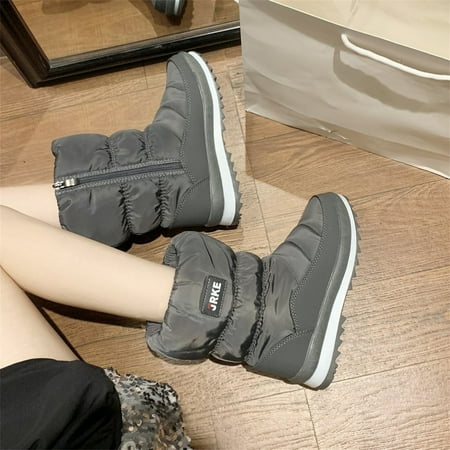 

Hinvhai Womens Casual Classic Snow Boots Clearance Waterproof Mid Calf Winter Boots for Women Warm Faux Fur Lined Boots Side Zipper Non-Slip Boots Gray 6.5-7(37)