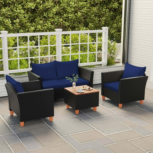 Costway 8 PCS Wicker Patio Furniture Set with Removable Cushions Storage Coffee Table Navy