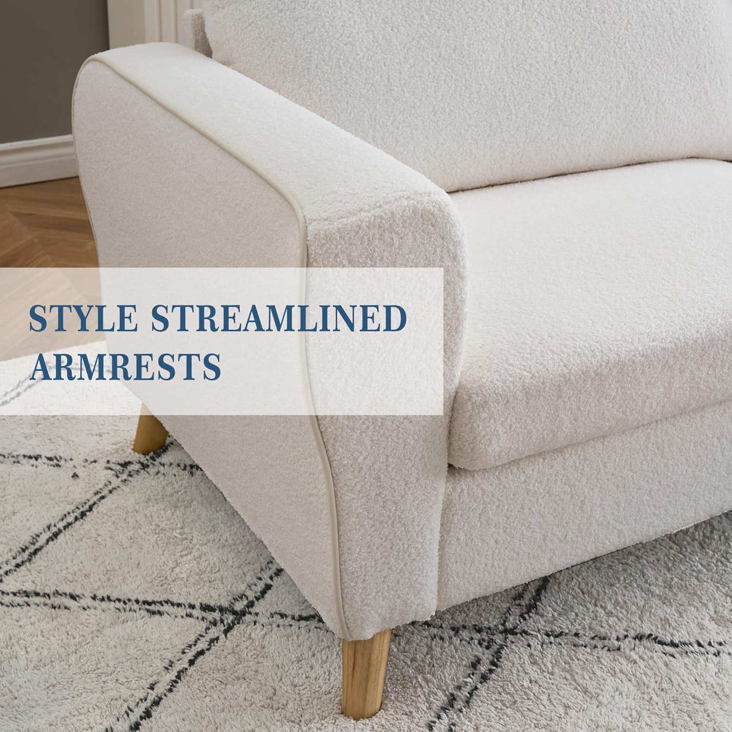 Garvee 84-Inch Bouclé Sofa Couch with Streamlined Armrests and Wood Feet, Modern 3-Seater Loveseat Sofa for Living Room, White