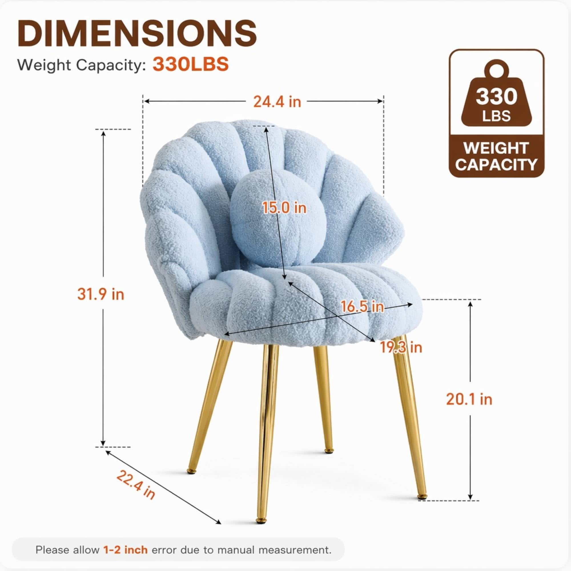 Ktaxon Vanity Makeup Chair with Teddy Velvet, Shell Design Accent Desk Chair with Lumbar Pillow and Gold Legs, Office Seating for Women Blue