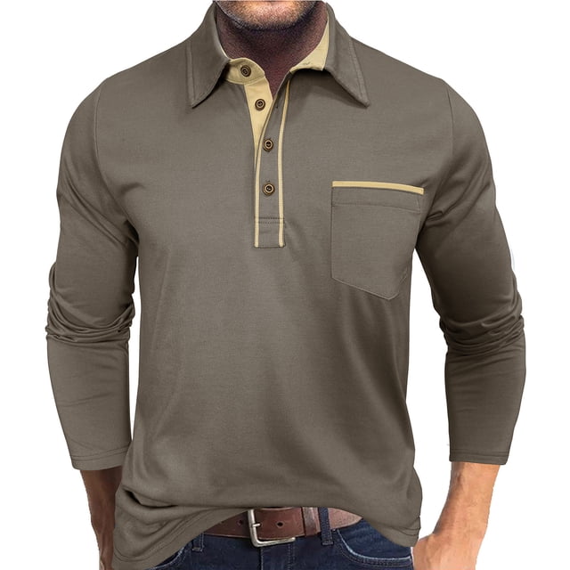 Blusa y camisa de manga larga con cuello vuelto para hombre, blusa informal de moda con botones y retazos, blusa de manga larga con cuello vuelto para hombre, blusa de poliéster para hombre