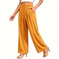 thumbnail image 2 of Cagogo Women Plus Size Wide Leg High Waisted Trousers with Pockets Solid Casual Streetwear Long Pants Summer Beach Lounge Trousers, Yellow M, 2 of 5