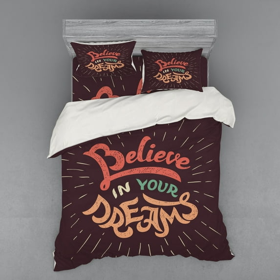 Saying Duvet Cover Set, Believe in Your Dreams Colorful Chalky Lettering with Dashed Beam on a Chalkboard, Bedding Set with Shams and Fitted Sheet, 3 Sizes, by Ambesonne