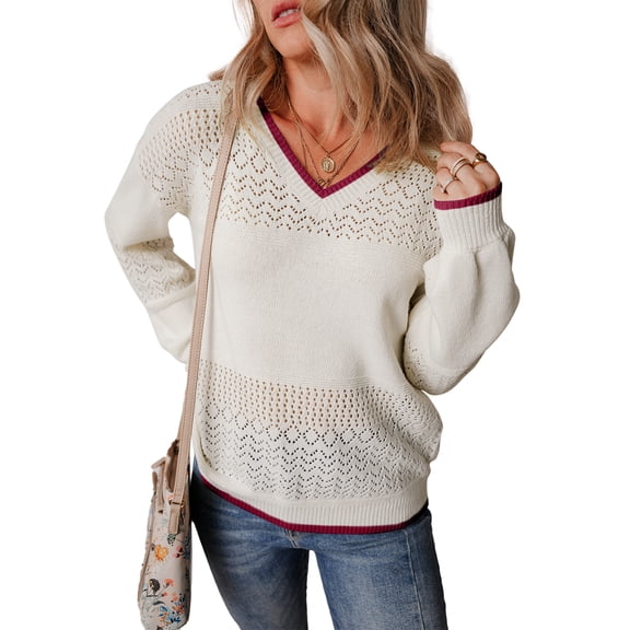 Eytino Sweaters for Women V Neck Sweater Lightweight Crochet Sweater Casual Long Sleeve Hollow Out Knit Sweater Fall Pullover Sweater Tops for Women Oversized Sweaters White M