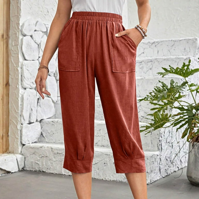 Summer Cotton Linen Cropped Wide Leg Pants Capris Women Ladies Casual Loose  Palazzo Pant Work Elastic Pocket