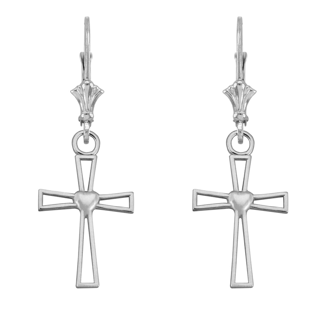 14K WHITE GOLD CUTOUT HEART CROSS EARRINGS