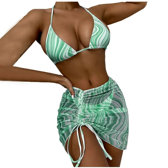 LYXSSBYX Swimsuits for Women Two Piece WomenFashion Drawstring Wavy Sexy Smocked Bikini Three Piece Set Swimsuit Swimwear