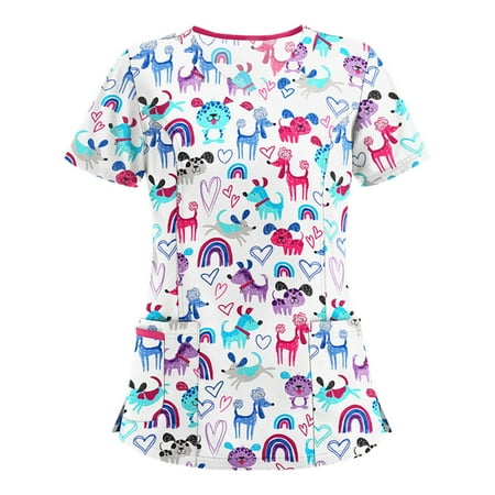 

Women Scrub_Top Working Uniform Blouse Short Sleeve V-Neck Workwear T-Shirt with Pocket Comfy Tops XXL