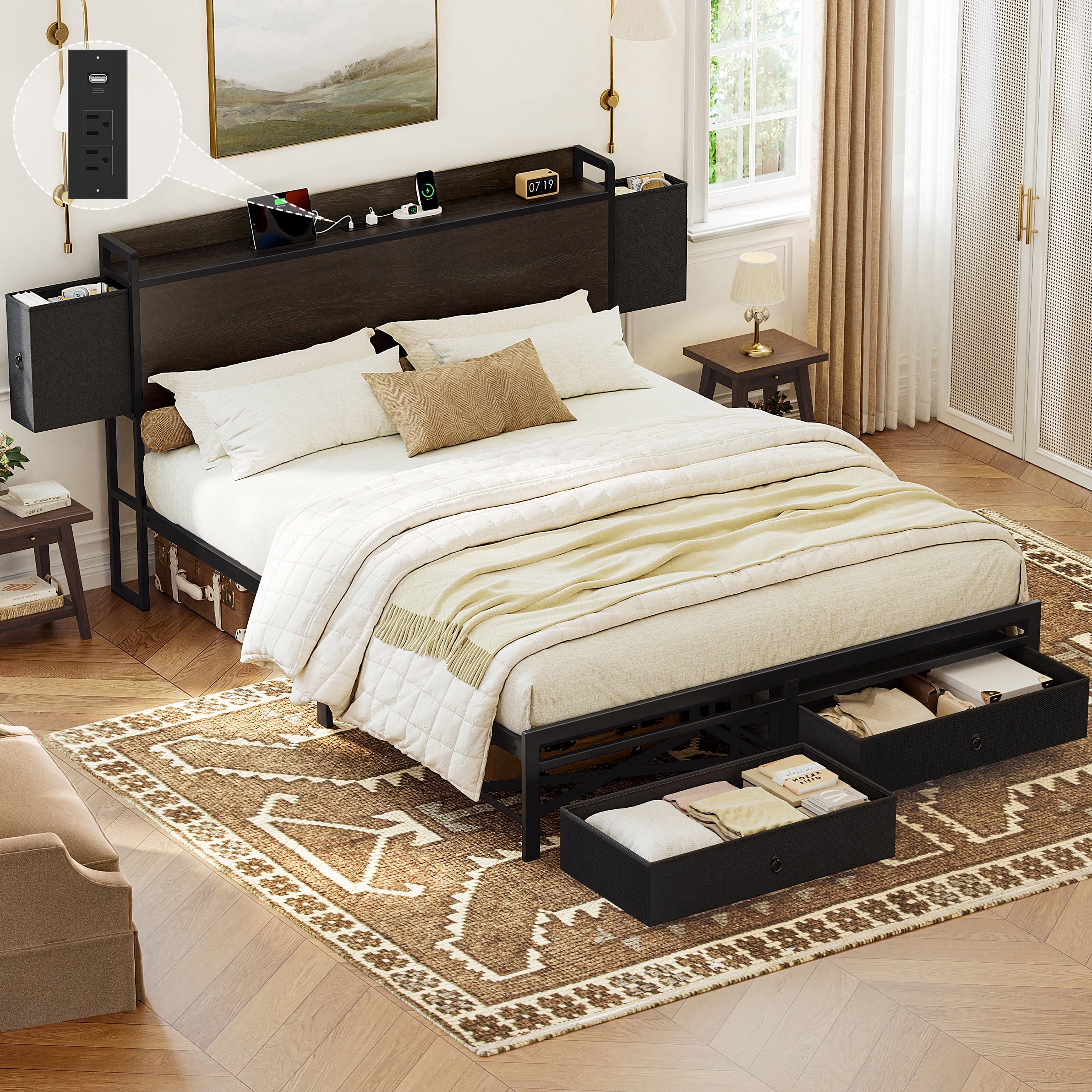 GUNAITO Queen Bed Frame with Storage Headboard Platform Bed with 2 Drawers Metal Bed with Charging Station, Dark Brown