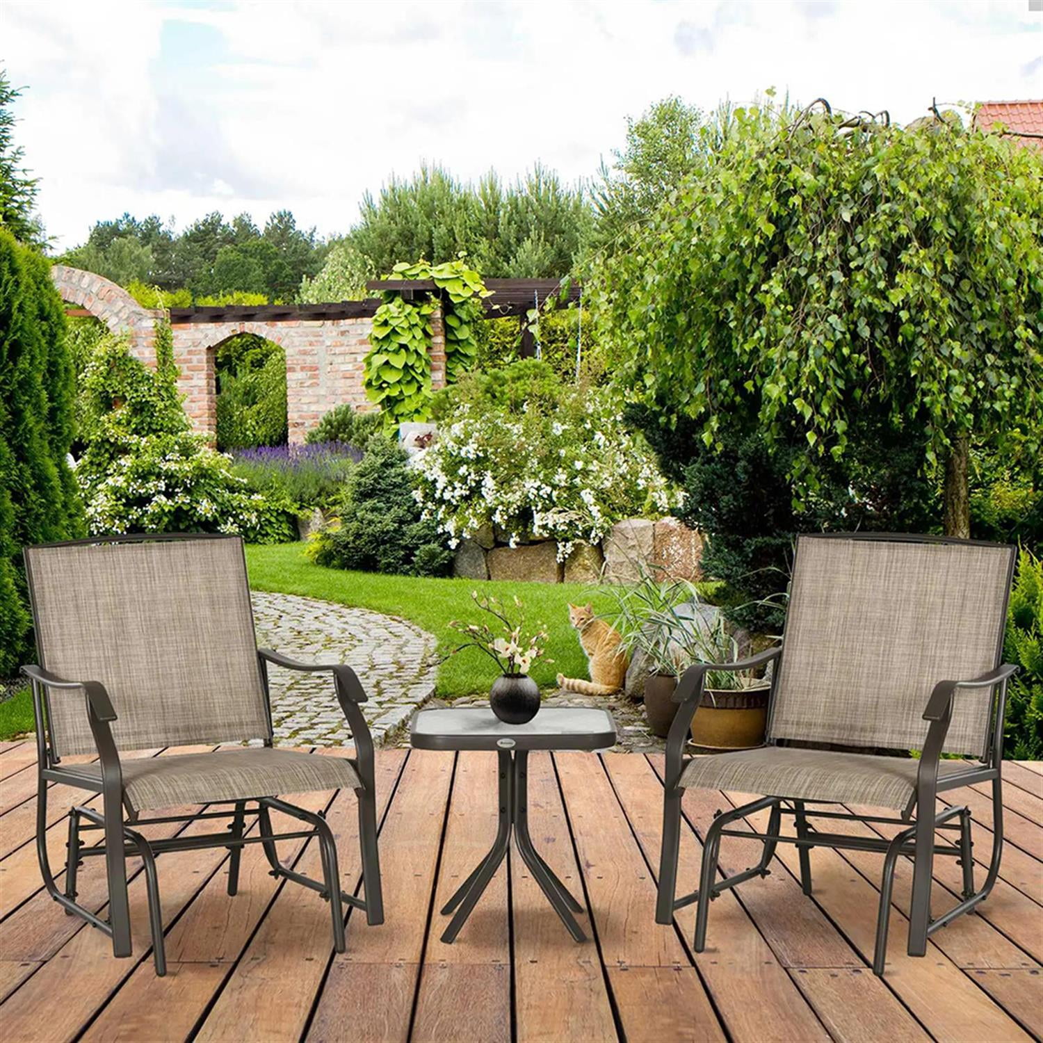 Demi Bonn 3 Piece Outdoor Glider Chair with Glass Tabletop Coffee Table Bistro Set, 2 Patio Rocking Chairs with Breathable Sling Fabric, for Backyard, Garden and Porch, Brown