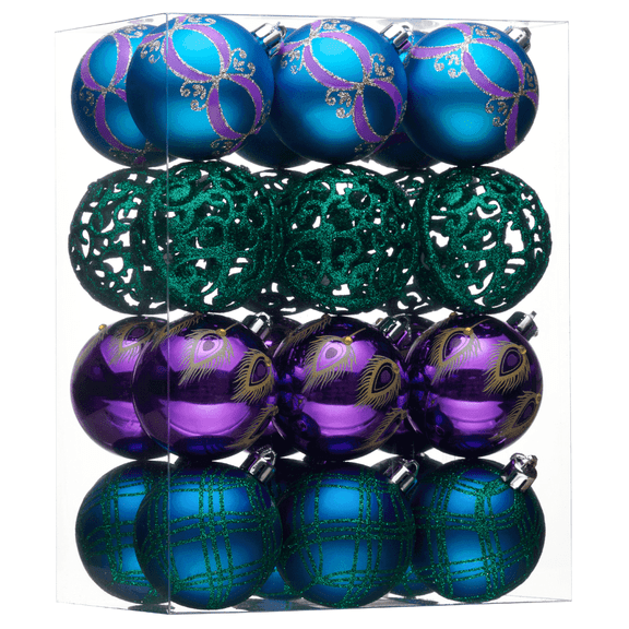 Valery Madelyn 24ct 2.36" Christmas Ball Ornaments, Peacock Green Purple Blue Hanging Tree Ornaments for Holiday Decor