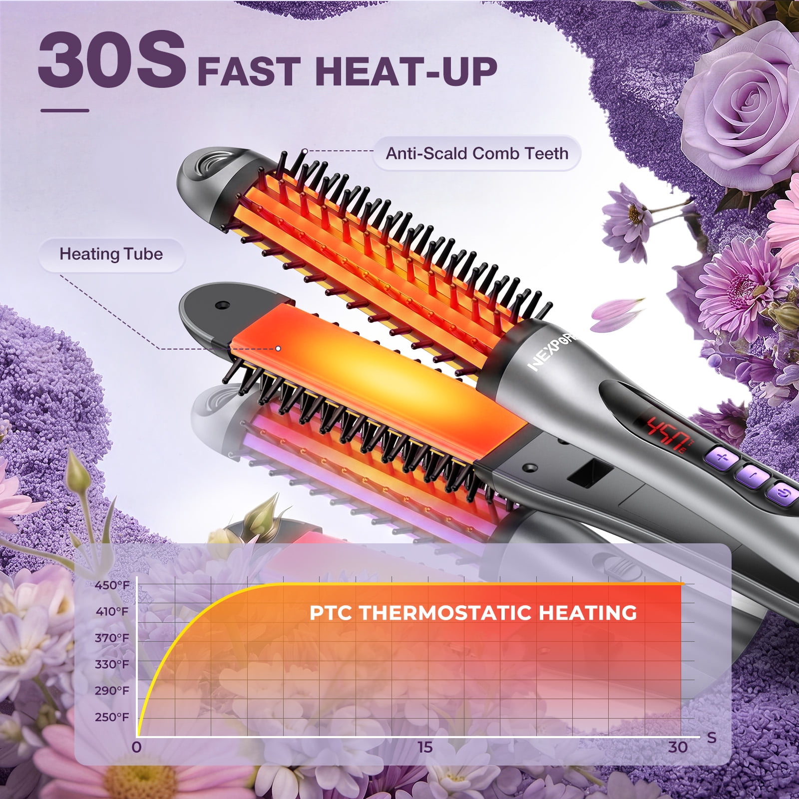NEXPURE Curling Iron, Ionic Hair Curler Brush and Straightener 2 in 1 for All Hair Types, 30s Fast Heat, Purple