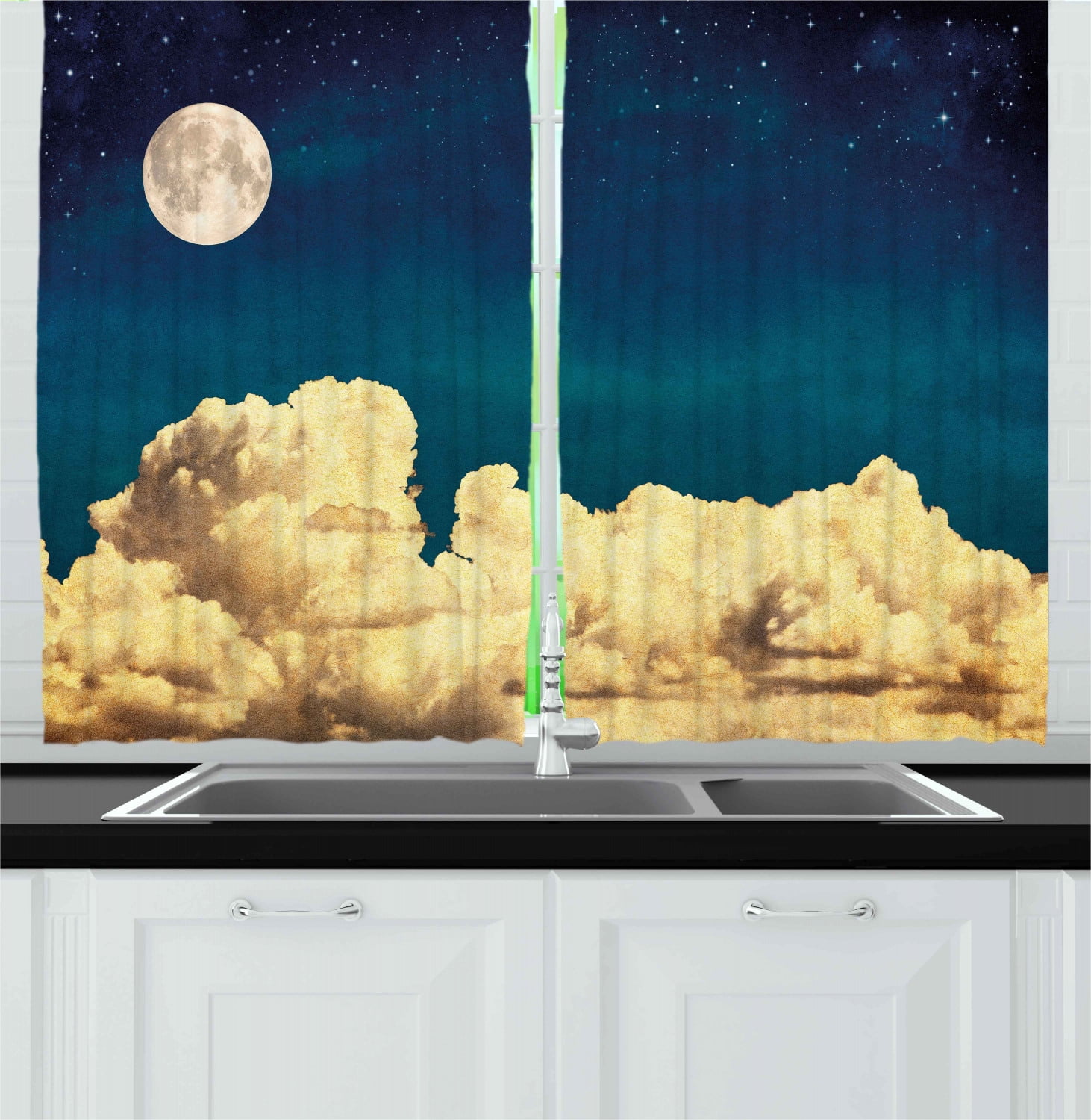 Night Sky Curtains 2 Panels Set, Fantasy Sky Stars Full Moon and Fluffy