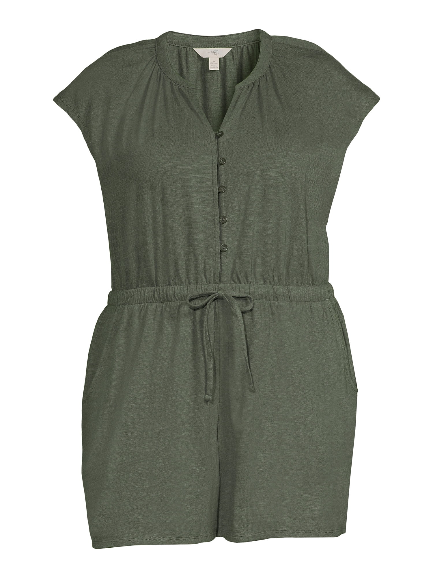 Terra & Sky Women's Plus Size Button-Front Knit Romper, 5" Inseam