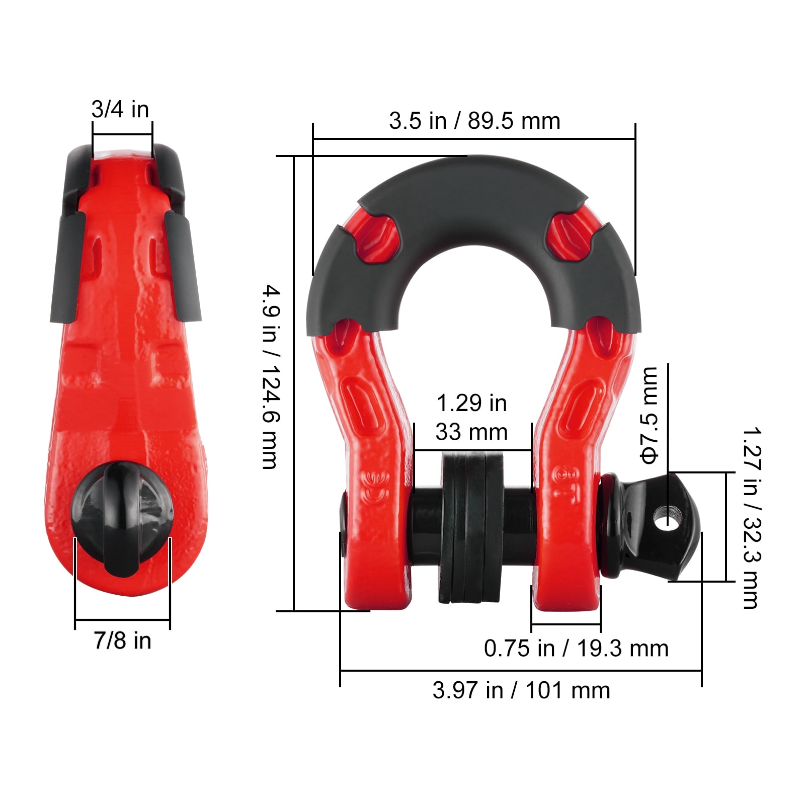 KFFKFF 3/4" D-Ring Shackle, 2-Pack, Alloy Steel, 66139 lbs (30 Ton) Break Strength, 7/8" Screw Pin, Includes Isolators & Washers, Durable Recovery Gear for Off-Road Vehicles, Jeep, Truck - Red